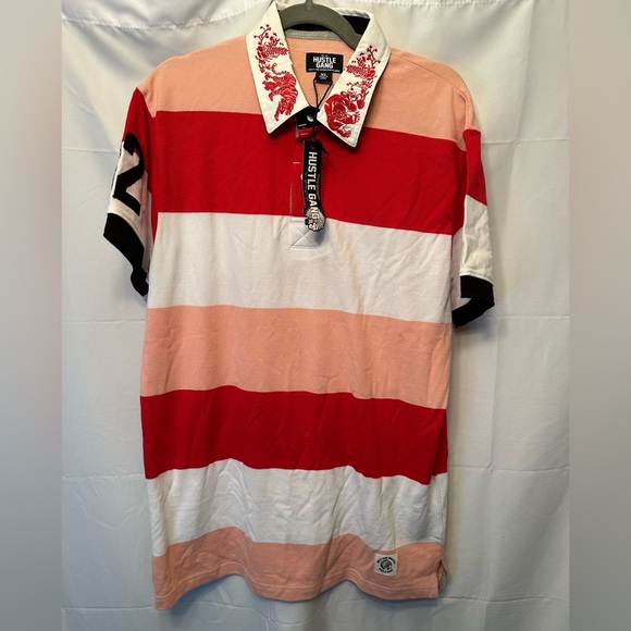 NWT Hustle Gang Polo Shirt Men’s XL Red Peach White Embroidered Tiger Indian - Picture 1 of 14